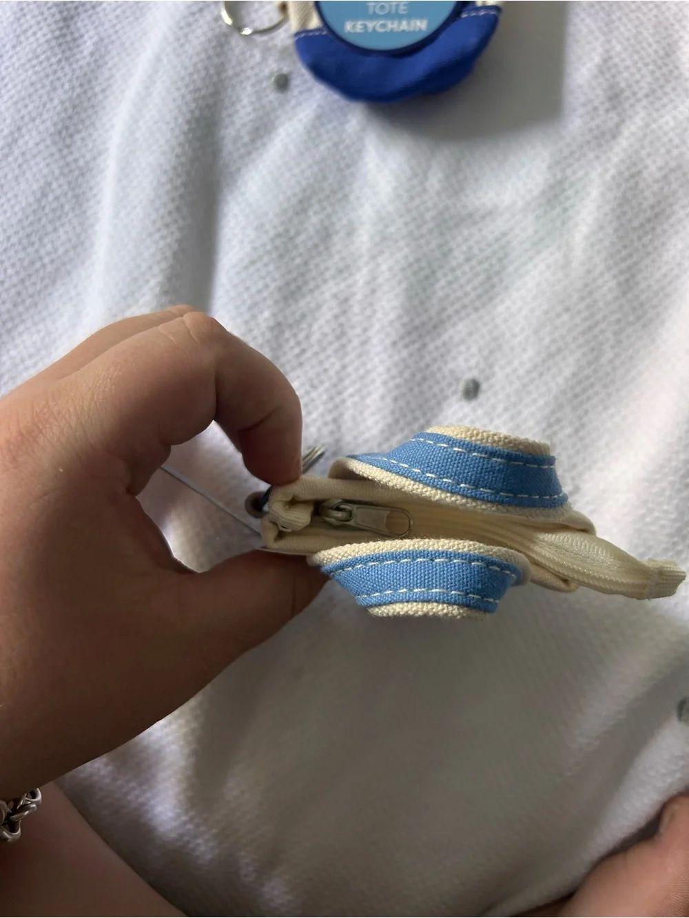 Canvas Mini Tote Keychain in Cream & Blue